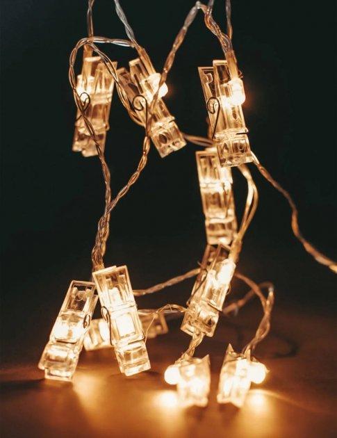 Светодиодная гирлянда с прищепками для фото длина 4м 20 led Warm White на батарейках